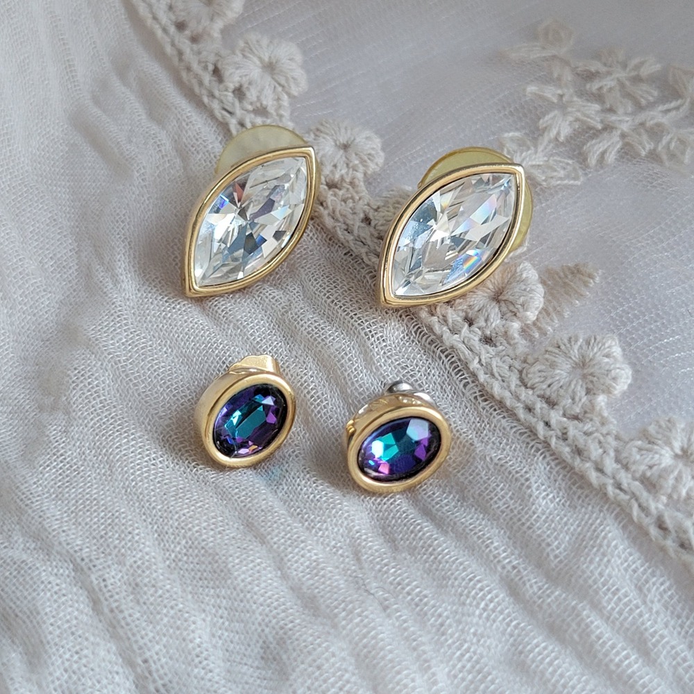 Vintage 1980s Swarovski Stud Pierced Earrings 2 Pairs Clear Marquis Teal Oval - Picture 7 of 7